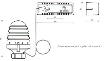 Головка термостатическая ГЕРЦ-Дизайн "Н" 9430 98 с выносным датчиком. Размеры