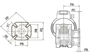 Червячный мотор-редуктор NMRV. Боковой фланец F/FL. Размеры