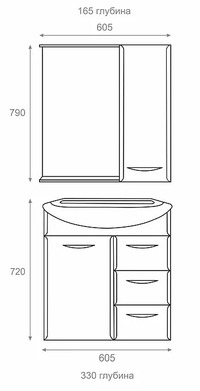 Мебель для ванной комнаты Sanita Премьер (зеркало-шкаф + тумба под раковину). Размеры
