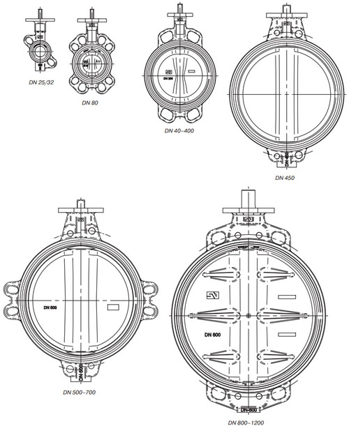 Исполнения дисковых затворов Гранвэл в зависимости от диаметра