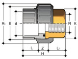 Муфта комбинированная разборная ПВХ - холодная сварка (клеевое соединение) / внутренная резьба (латунь). Размеры