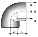 Отвод 90° муфтовые окончания для холодной сварки (клеевое соединение). Размеры