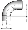 Изгиб 90° большого радиуса (R=2d) с раструбами под холодную сварку (клеевое соединение). Размеры