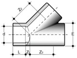Тройник 45° муфтовые окончания для холодной сварки (клеевое соединение). Размеры