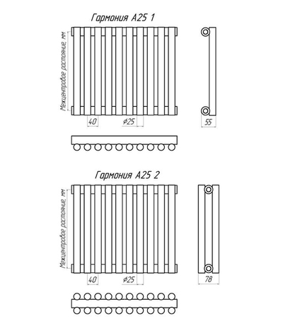 Стальные трубчатые радиаторы отопления KZTO Гармония А25. Размеры