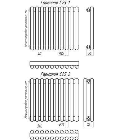 Стальные трубчатые радиаторы отопления KZTO Гармония С25. Размеры