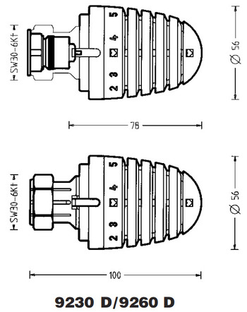 Головка термостатическая ГЕРЦ-Дизайн "D" 9230 99 и 9260 99. Размеры