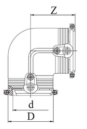 Отвод 90° ПЭ Georg Fischer с закладными нагревателями и со встроенными фиксаторами, электросварной. Размеры