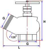 Клапан (вентиль) РПТК угловой чугунный (муфта-цапка). Размеры